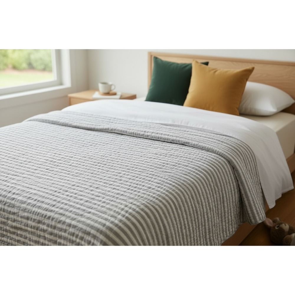 Stone Cottage Ticking Stripe Quilt Grey White 62x80 Cotton Farmhouse Bedding